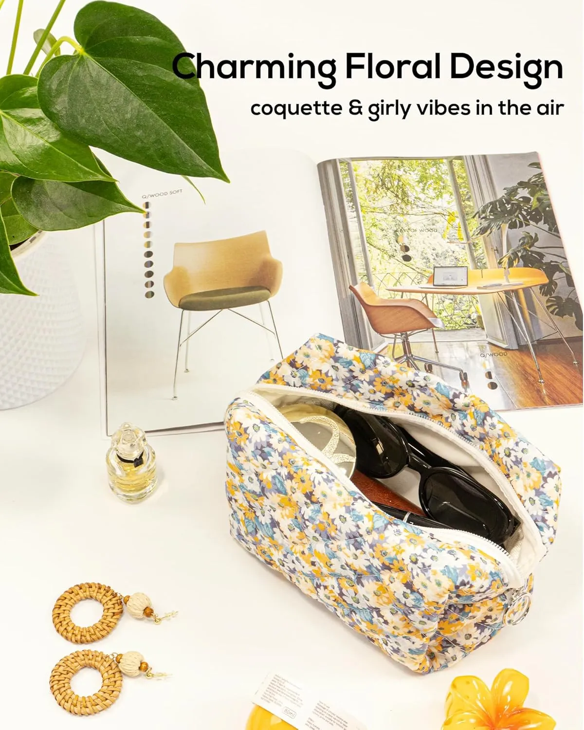 Floral Quilted Makeup Bag, Cute Sunflower Cosmetic Bag for Women, Flower Travel Toiletry Bag, Cotton Make up Bag Pouch