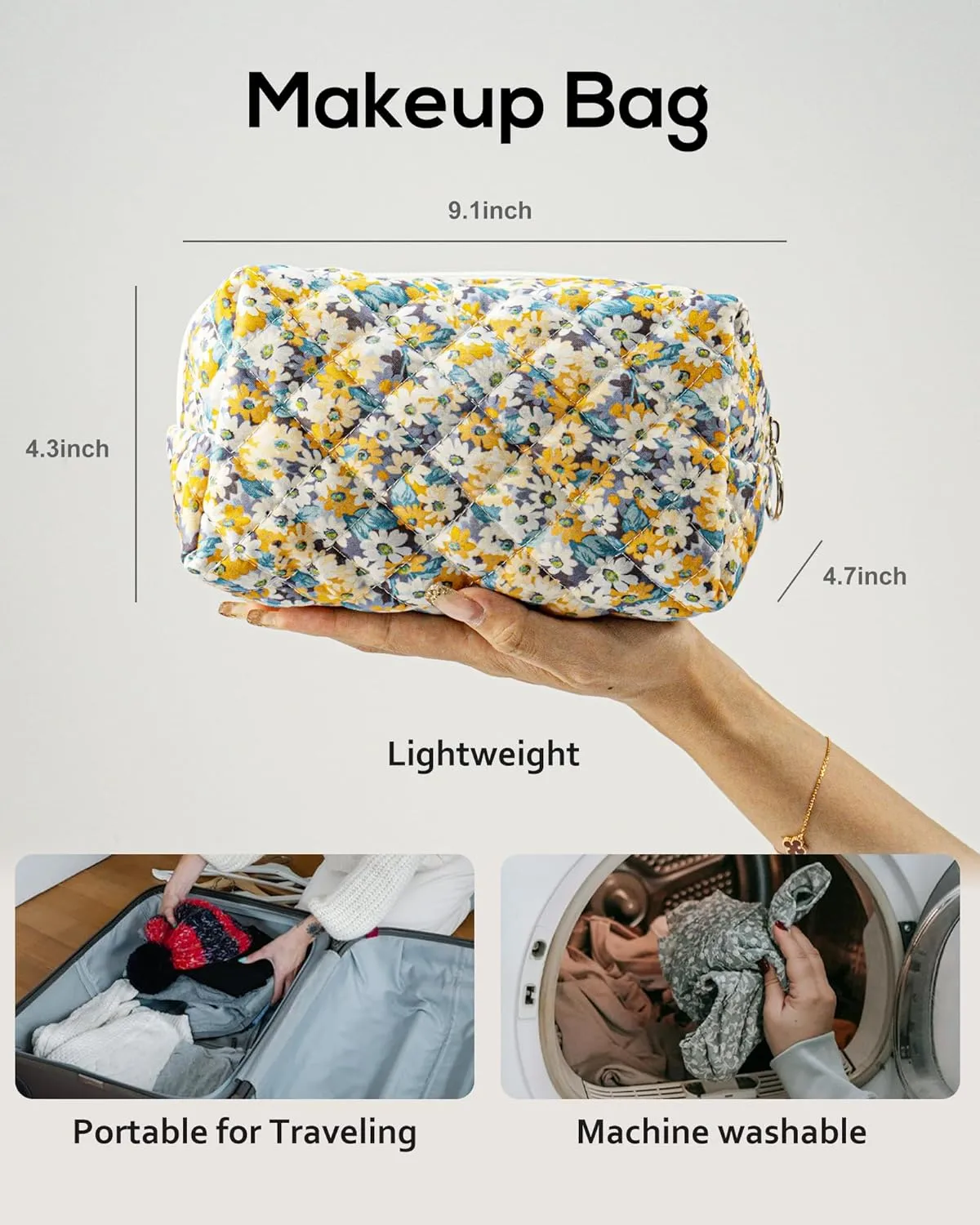 Floral Quilted Makeup Bag, Cute Sunflower Cosmetic Bag for Women, Flower Travel Toiletry Bag, Cotton Make up Bag Pouch