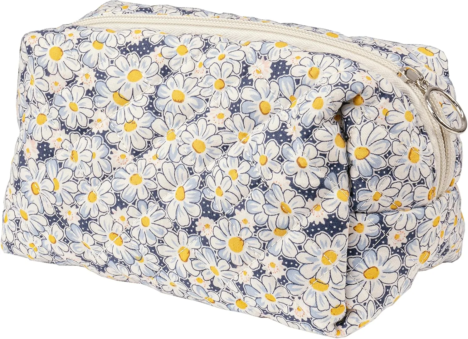 Floral Quilted Makeup Bag, Daisy Cosmetic Bag for Women, Blue Flower Travel Toiletry Bag, Cotton Make up Bag Pouch