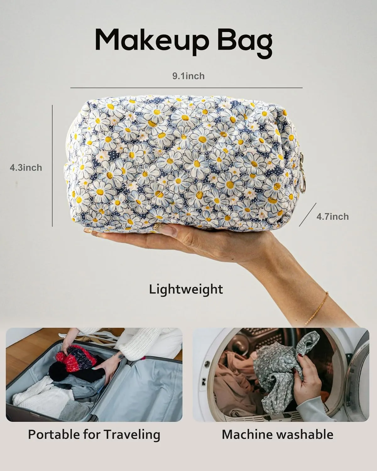 Floral Quilted Makeup Bag, Daisy Cosmetic Bag for Women, Blue Flower Travel Toiletry Bag, Cotton Make up Bag Pouch