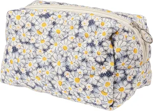 Floral Quilted Makeup Bag, Daisy Cosmetic Bag for Women, Blue Flower Travel Toiletry Bag, Cotton Make up Bag Pouch