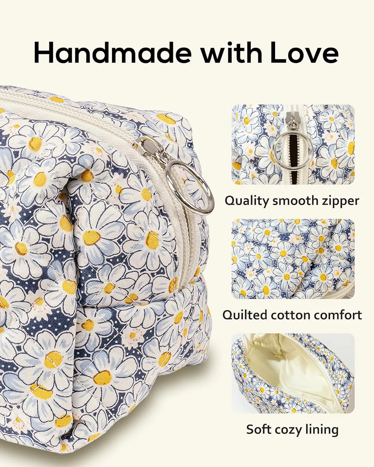 Floral Quilted Makeup Bag, Daisy Cosmetic Bag for Women, Blue Flower Travel Toiletry Bag, Cotton Make up Bag Pouch