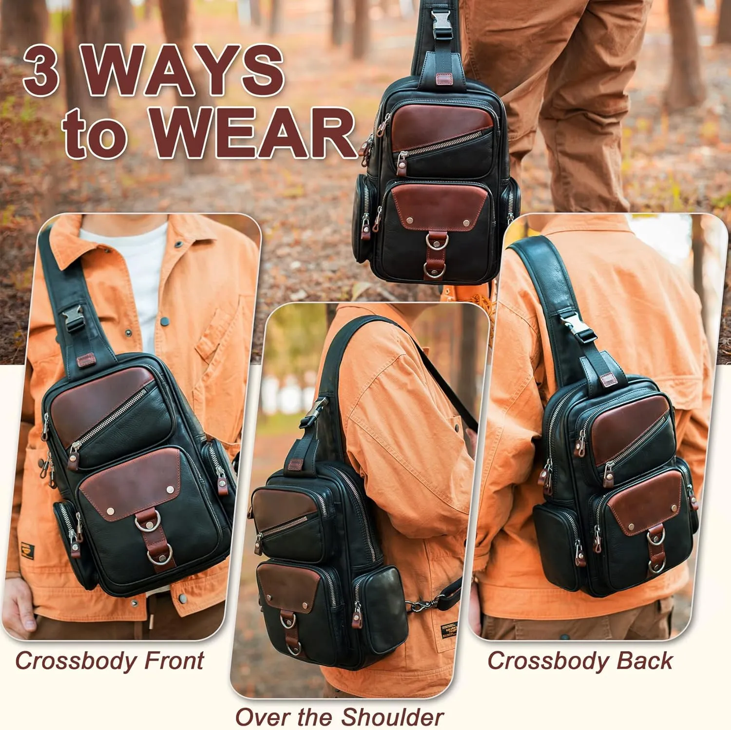 Genuine Leather Sling Bag for Men Large Crossbody Shoulder Bag Casual Sling Backpack Anti-Theft Travel Chest Purse