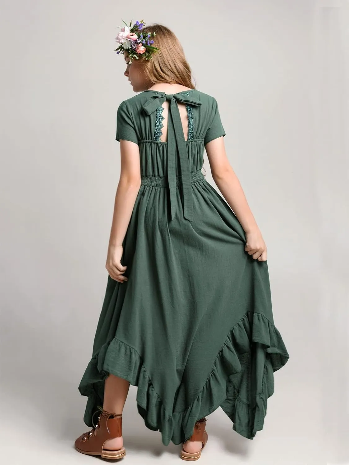 Girls Lace Backless Boho Maxi Swing Dress Flower Girl Dresses for Wedding Party Size 3-14