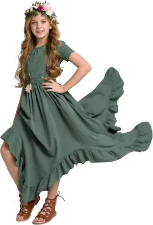 Girls Lace Backless Boho Maxi Swing Dress Flower Girl Dresses for Wedding Party Size 3-14