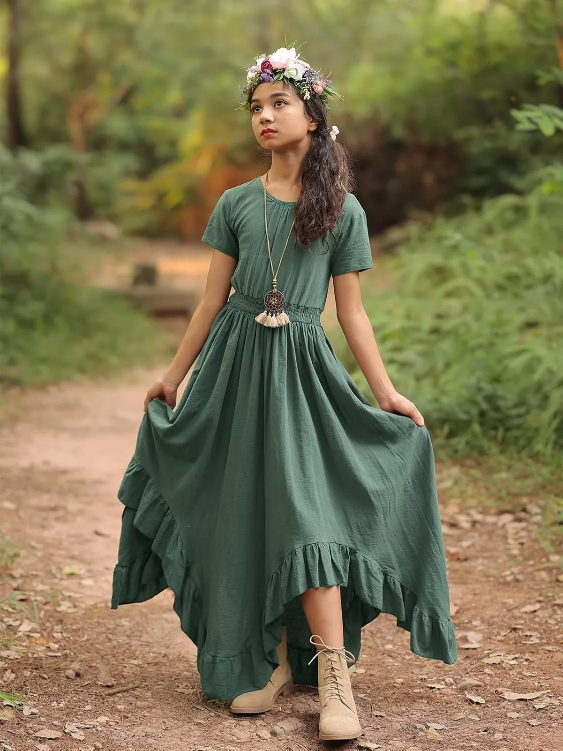 Girls Lace Backless Boho Maxi Swing Dress Flower Girl Dresses for Wedding Party Size 3-14