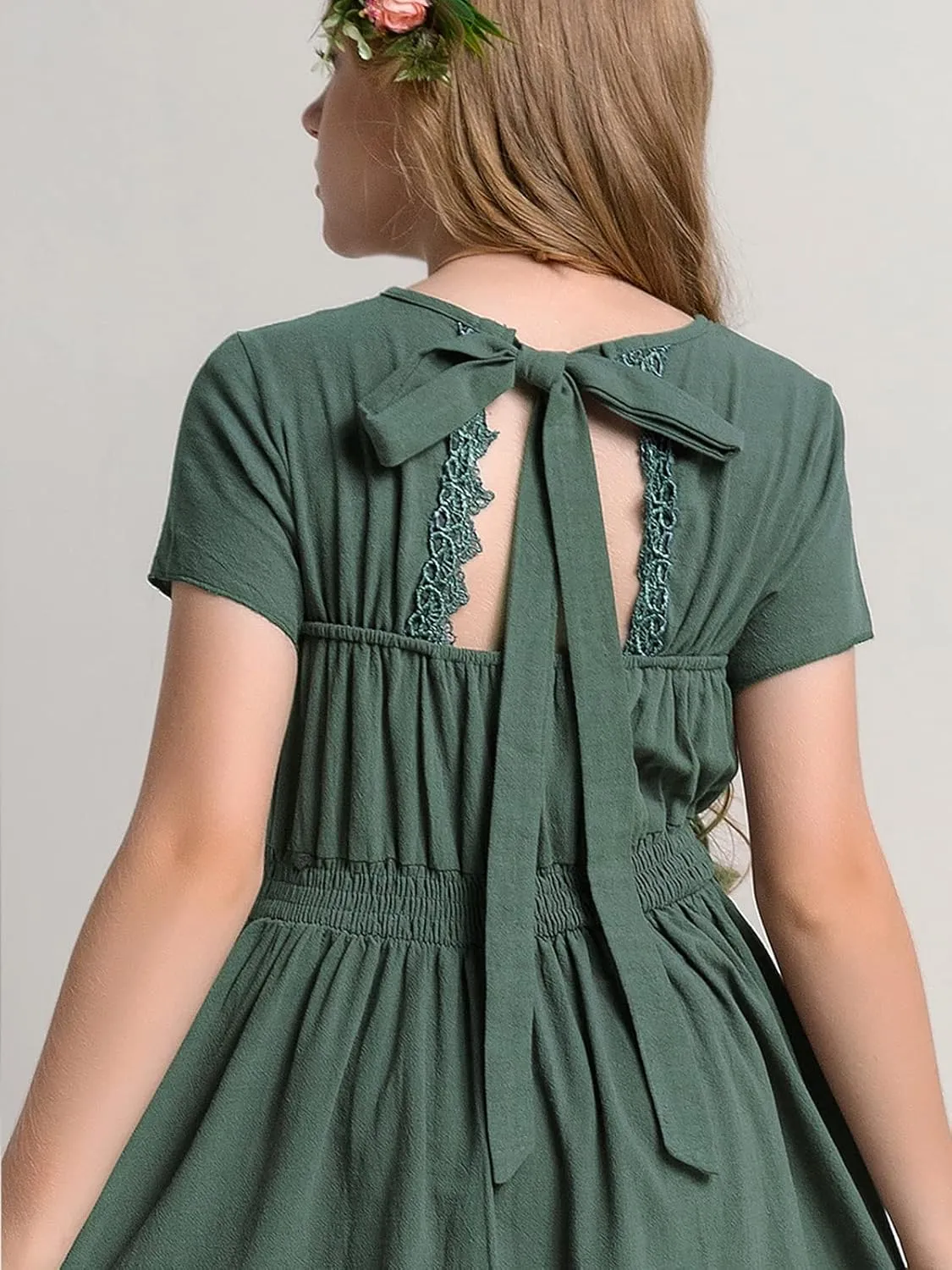 Girls Lace Backless Boho Maxi Swing Dress Flower Girl Dresses for Wedding Party Size 3-14