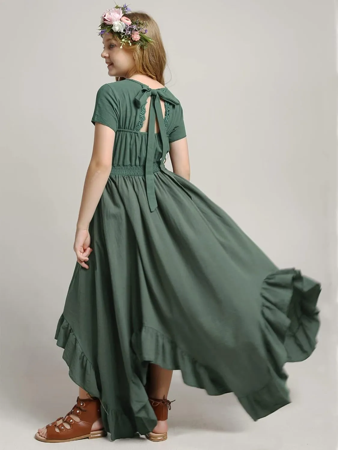 Girls Lace Backless Boho Maxi Swing Dress Flower Girl Dresses for Wedding Party Size 3-14