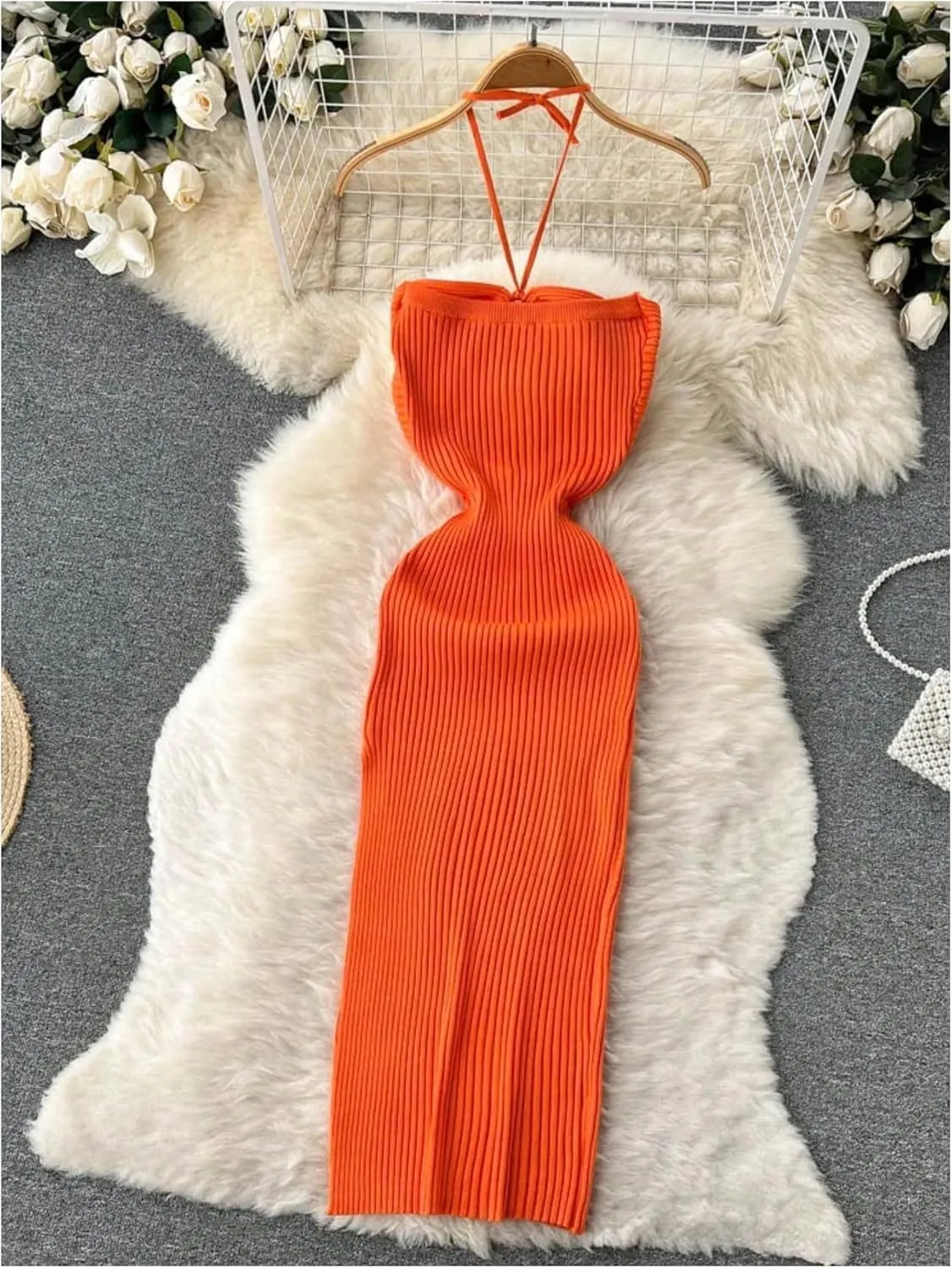 GORGLITTER Women's Cut Out Drawstring Halter Ribbed Bodycon Maxi Dress Sleeveless Split Vacation Wedding Guest Dresses