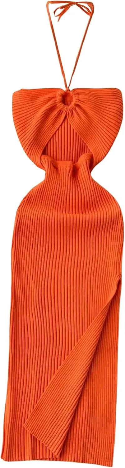 GORGLITTER Women's Cut Out Drawstring Halter Ribbed Bodycon Maxi Dress Sleeveless Split Vacation Wedding Guest Dresses