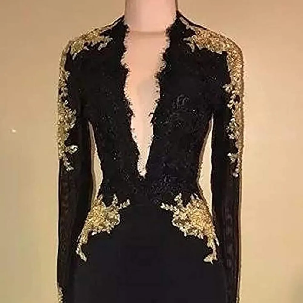 graceprom Women's 2024 Backless Mermaid Prom Dresses Gold Lace Appliques Side Slit Long Sleeves Evening Gown
