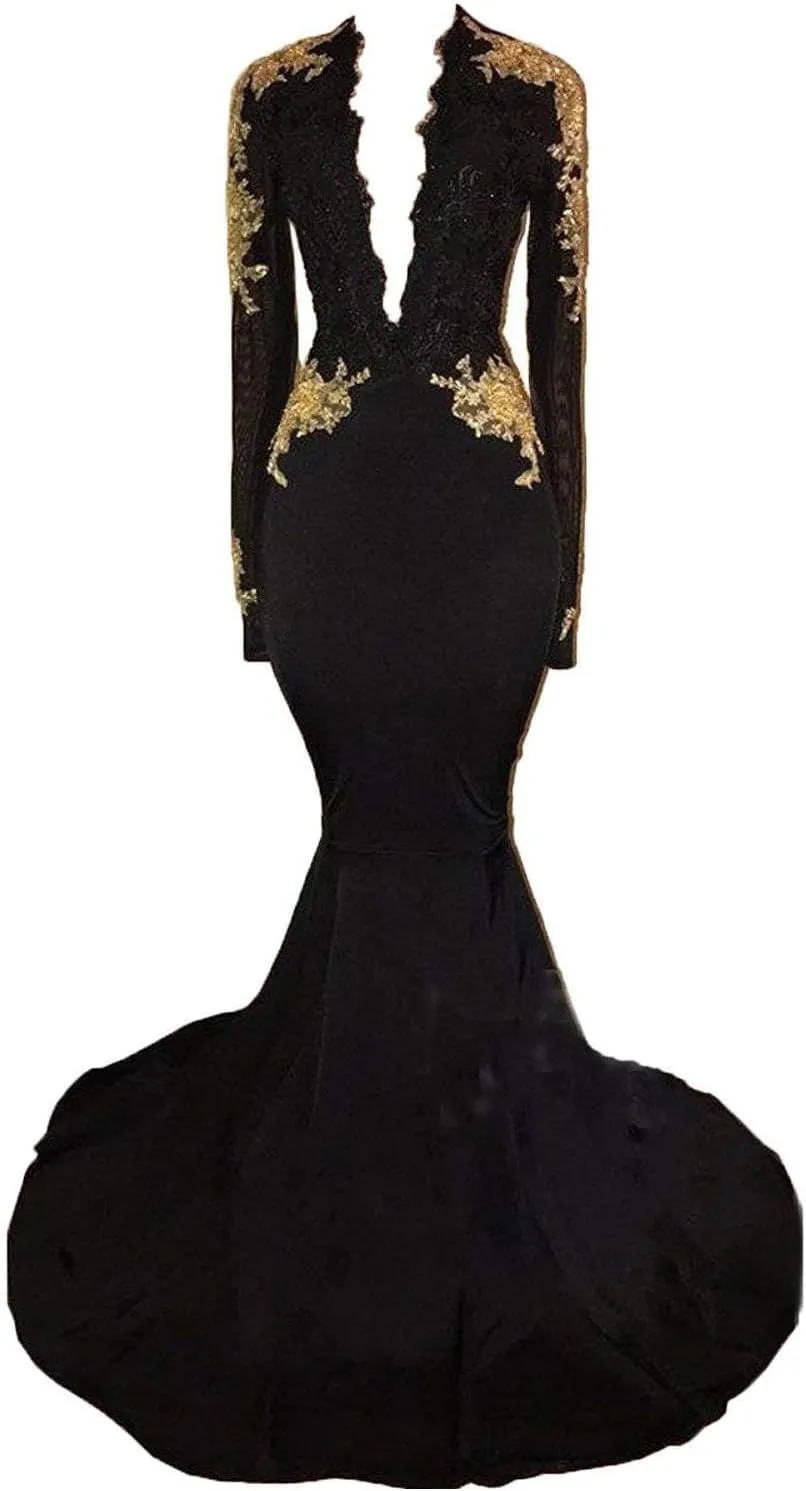 graceprom Women's 2024 Backless Mermaid Prom Dresses Gold Lace Appliques Side Slit Long Sleeves Evening Gown