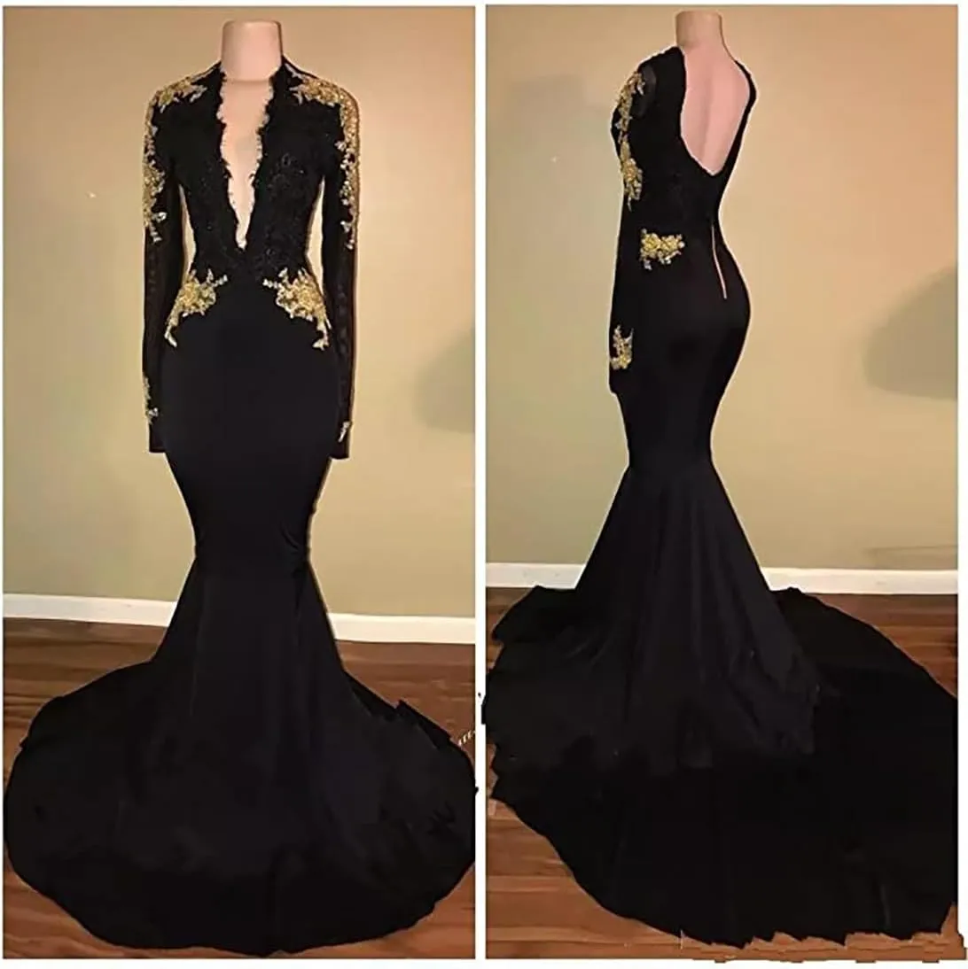 graceprom Women's 2024 Backless Mermaid Prom Dresses Gold Lace Appliques Side Slit Long Sleeves Evening Gown