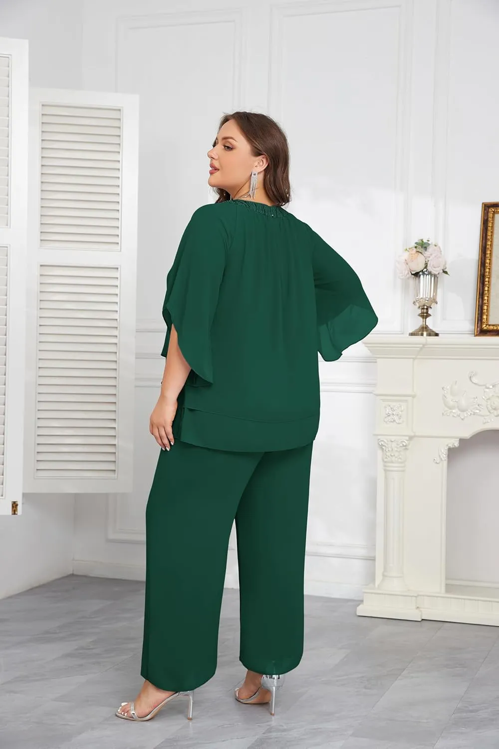 Hanna Nikole Mother of Bride Pant Suits Plus Size Half Sleeve 2 Piece Chiffon Pantsuit Formal Wedding Guest Outfit