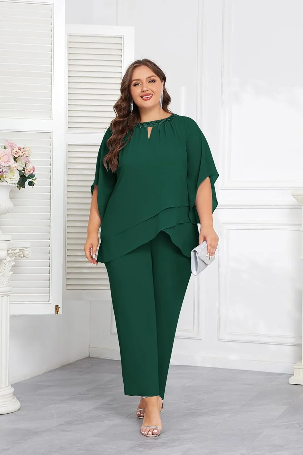 Hanna Nikole Mother of Bride Pant Suits Plus Size Half Sleeve 2 Piece Chiffon Pantsuit Formal Wedding Guest Outfit