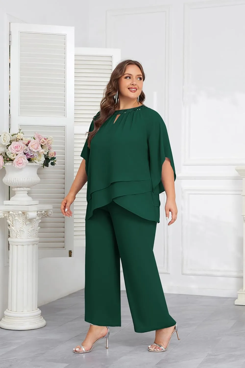 Hanna Nikole Mother of Bride Pant Suits Plus Size Half Sleeve 2 Piece Chiffon Pantsuit Formal Wedding Guest Outfit