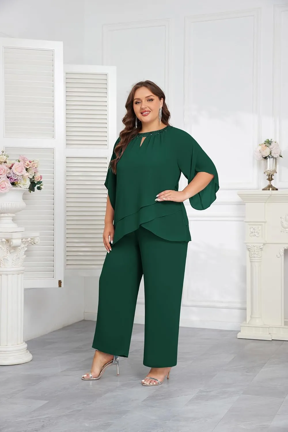 Hanna Nikole Mother of Bride Pant Suits Plus Size Half Sleeve 2 Piece Chiffon Pantsuit Formal Wedding Guest Outfit