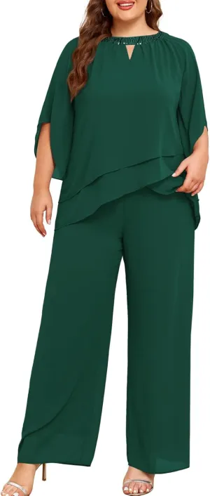 Hanna Nikole Mother of Bride Pant Suits Plus Size Half Sleeve 2 Piece Chiffon Pantsuit Formal Wedding Guest Outfit