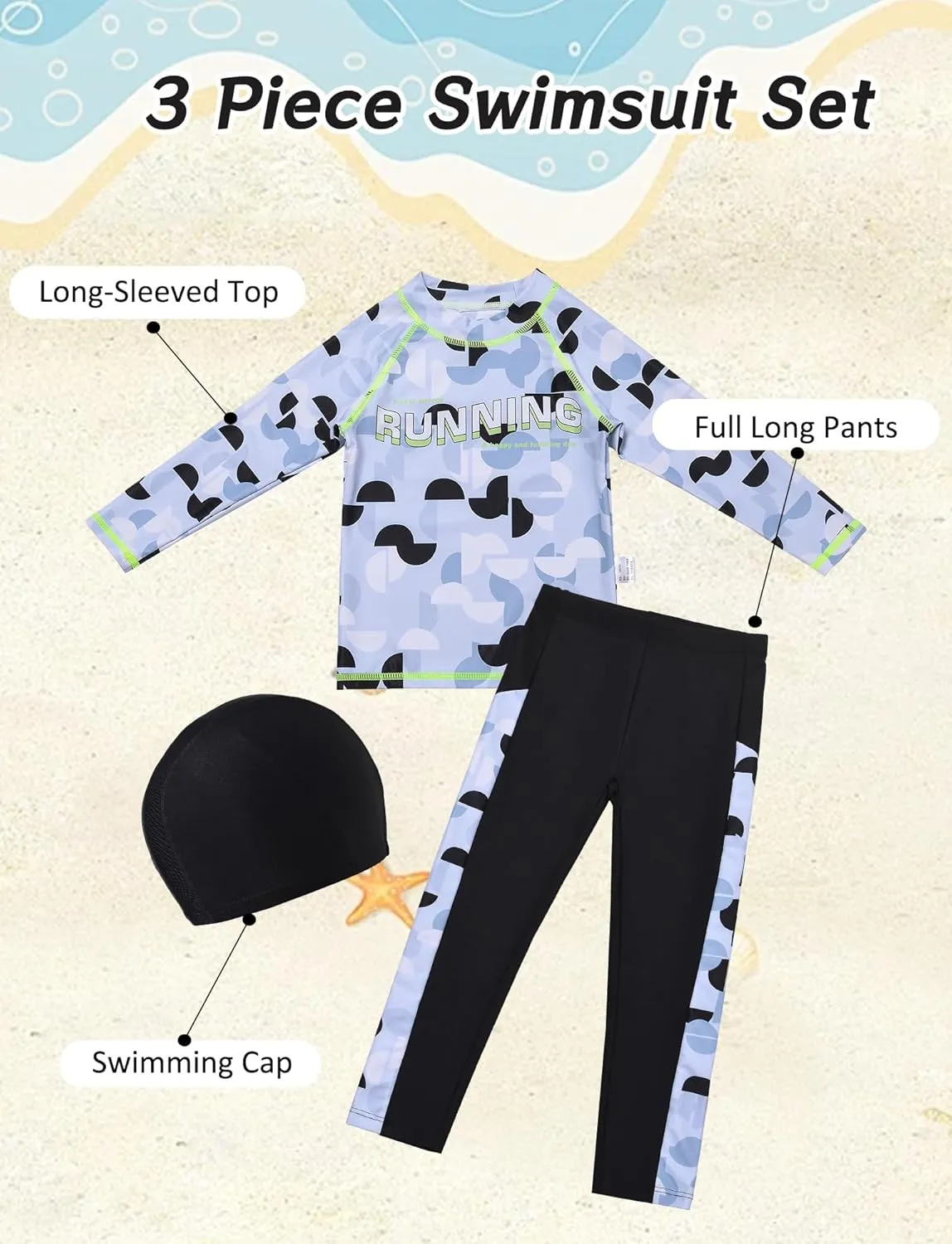 Happy Cherry Boys There Piece Swimsuit UPF 50  Long Sleeve Swim Shirt and Long Pants Rash Guards with Swim Hat