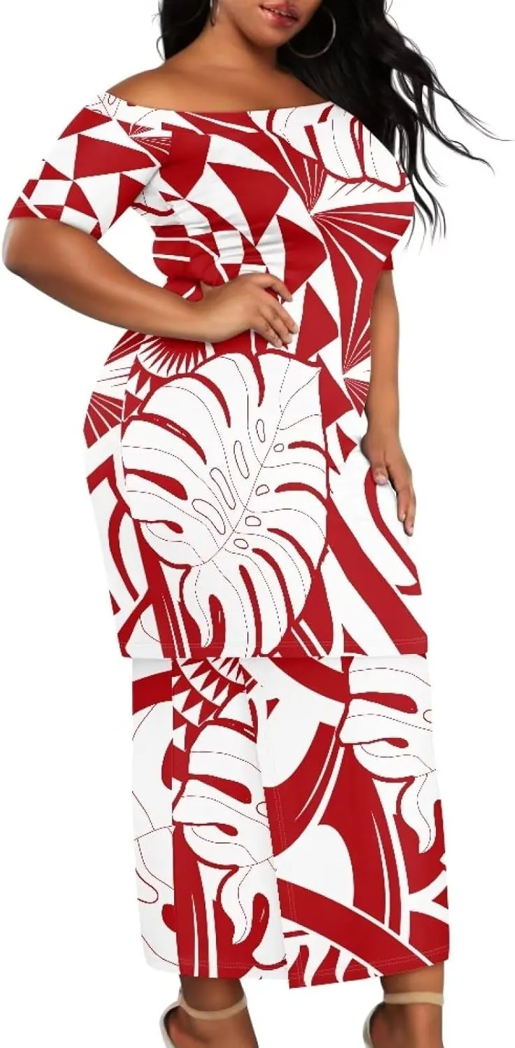 High Waist Midi Skirt Set Puletasi Polynesia Tribal Clothing Off Shoulder Long Dress 2Pcs Set Top Skirts Outfits