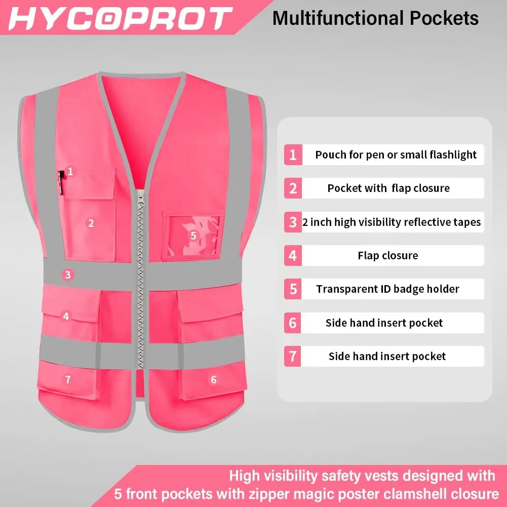 HYCOPROT High Visibility Safety Reflective Vest with Pockets and Zipper, Meets ANSI/ISEA Standards