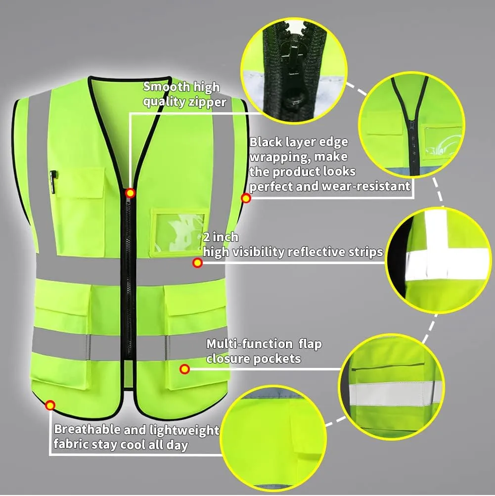HYCOPROT High Visibility Safety Reflective Vest with Pockets and Zipper, Meets ANSI/ISEA Standards