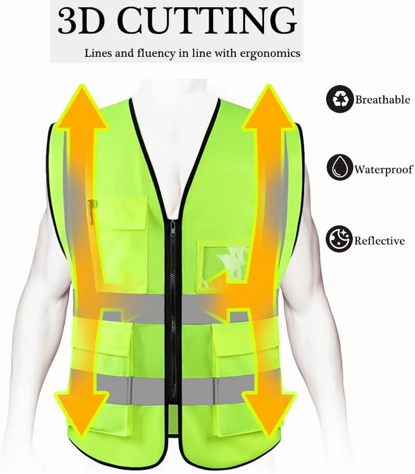 HYCOPROT High Visibility Safety Reflective Vest with Pockets and Zipper, Meets ANSI/ISEA Standards