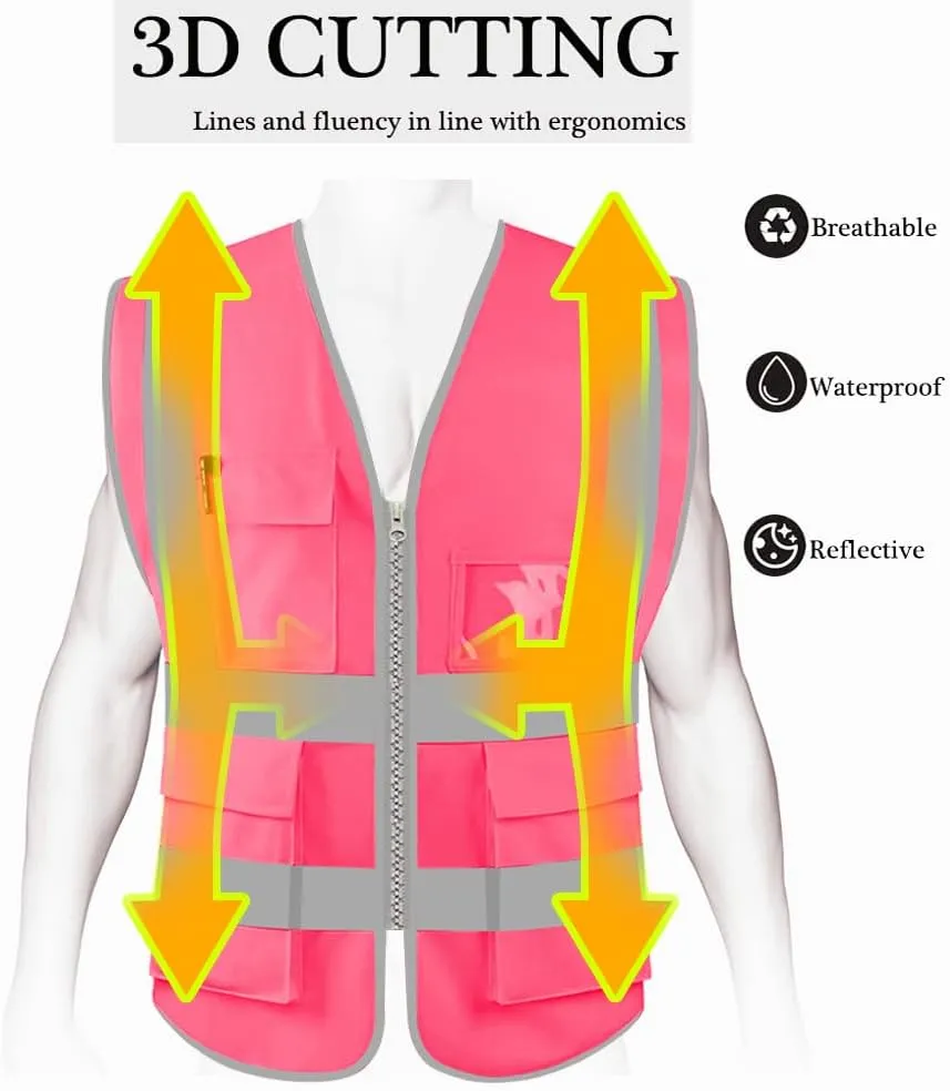 HYCOPROT High Visibility Safety Reflective Vest with Pockets and Zipper, Meets ANSI/ISEA Standards