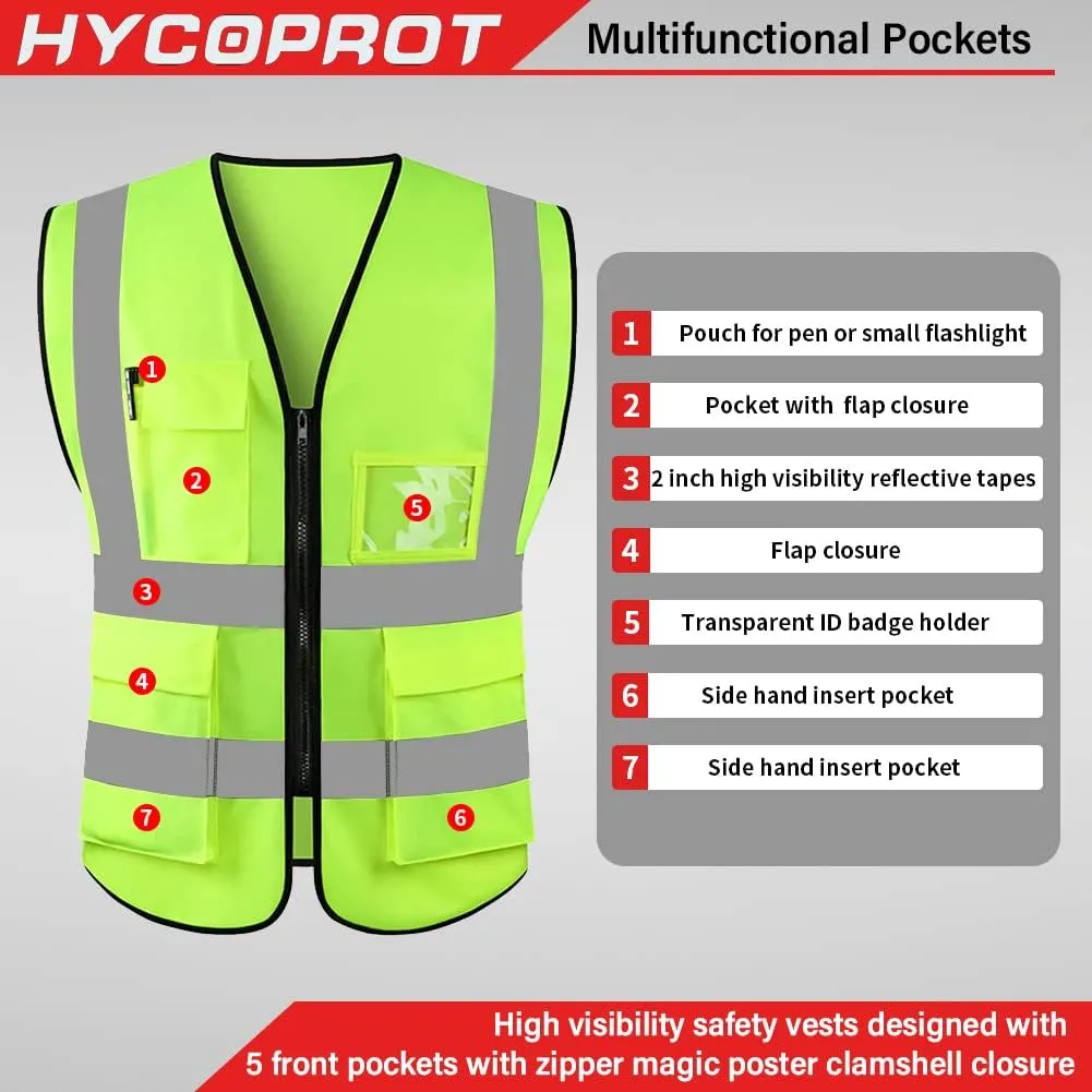 HYCOPROT High Visibility Safety Reflective Vest with Pockets and Zipper, Meets ANSI/ISEA Standards