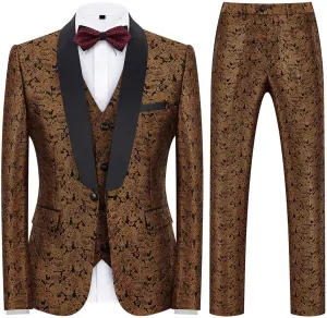 KUDORO Mens Suits Slim Fit 3 Piece Tuxedo Suit Set for Prom Wedding Party Paisley Jacket Vest Pants Homecoming Outfit