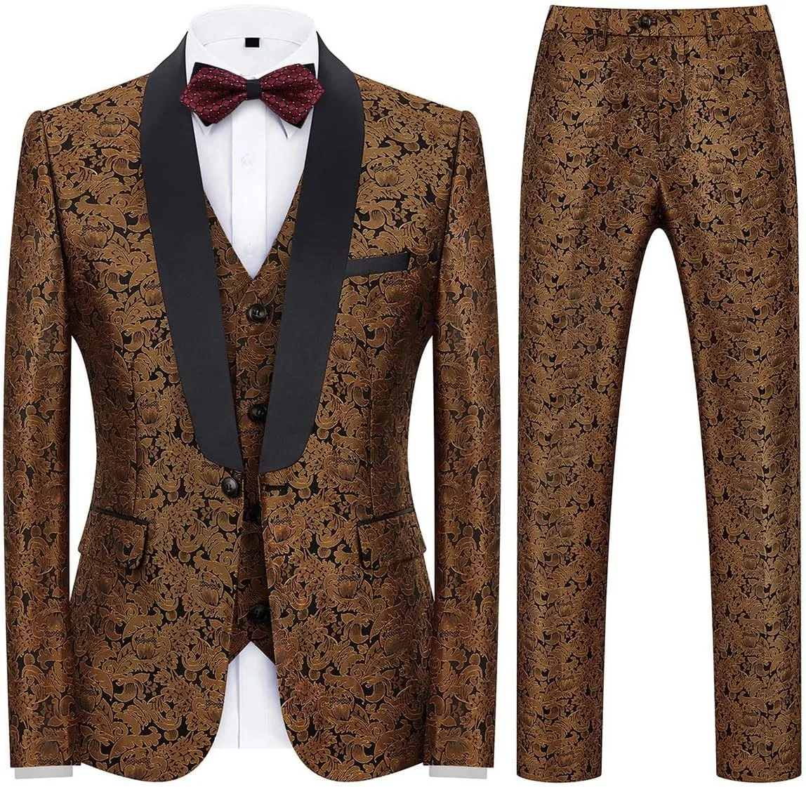 KUDORO Mens Suits Slim Fit 3 Piece Tuxedo Suit Set for Prom Wedding Party Paisley Jacket Vest Pants Homecoming Outfit