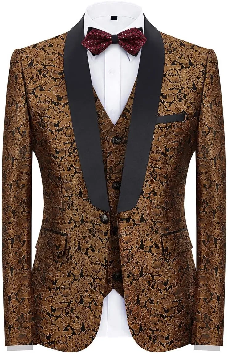 KUDORO Mens Suits Slim Fit 3 Piece Tuxedo Suit Set for Prom Wedding Party Paisley Jacket Vest Pants Homecoming Outfit