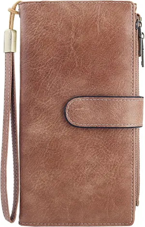 Large Capacity Genuine Leather Wallet for Women RFID Blocking Double Zipper Bifold Wristlet Clutch Black (Brown Pink)