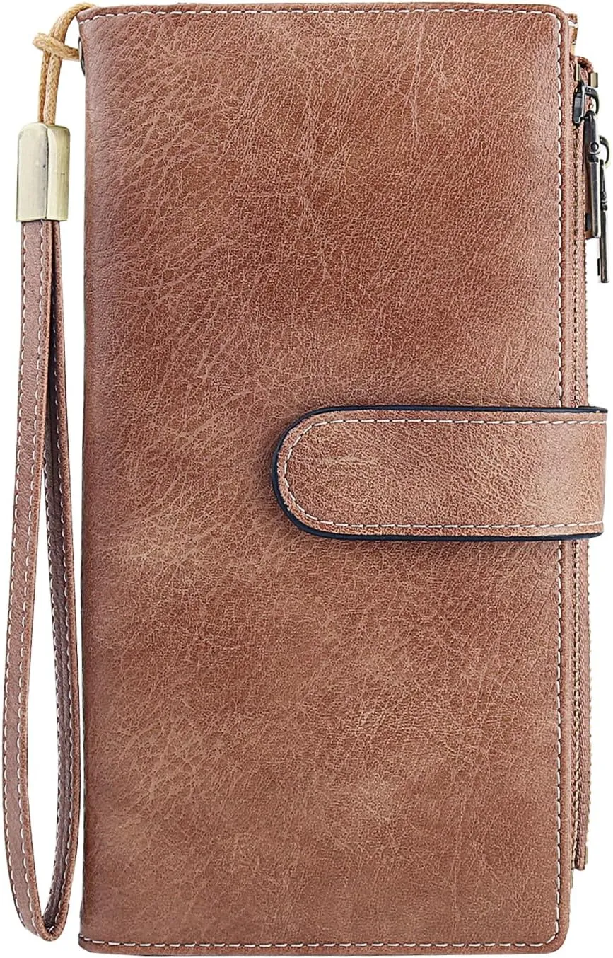 Large Capacity Genuine Leather Wallet for Women RFID Blocking Double Zipper Bifold Wristlet Clutch Black (Brown Pink)