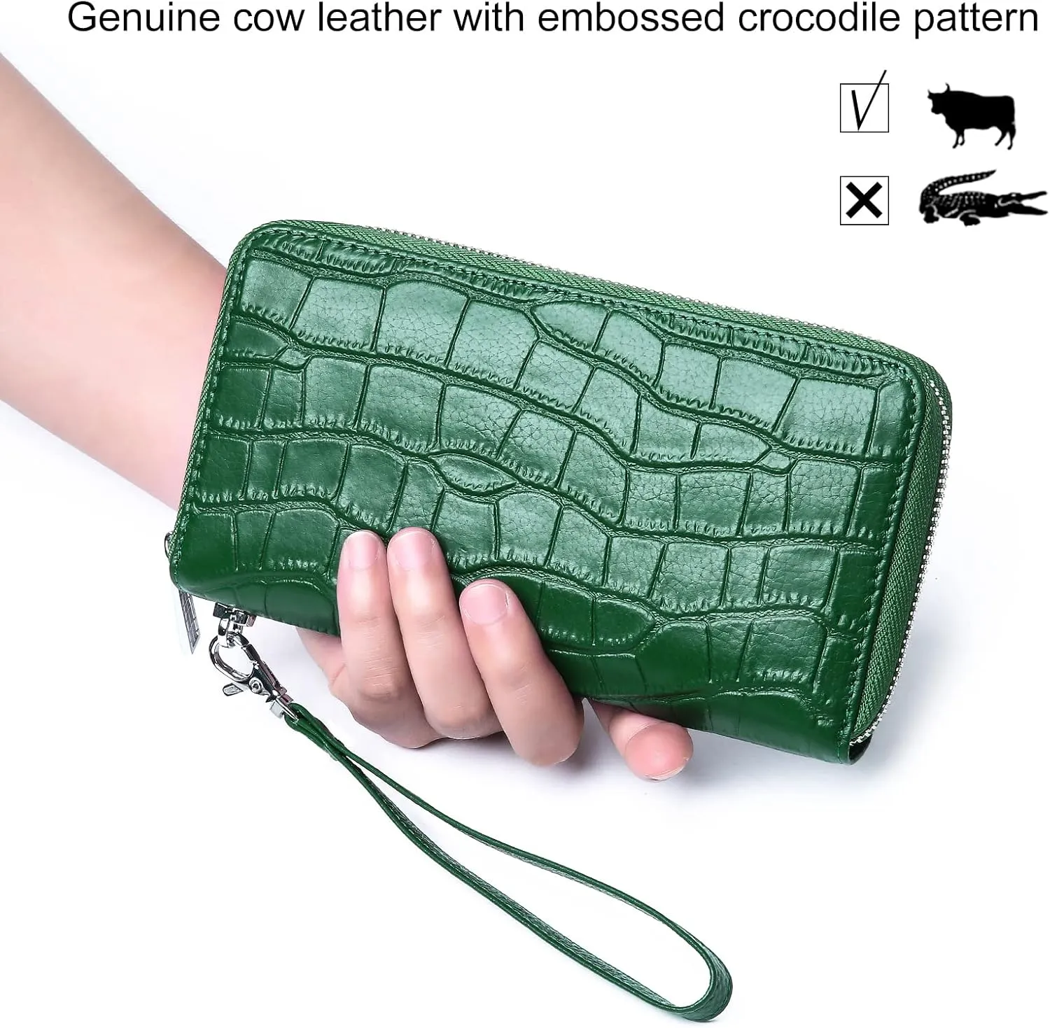 Large Capacity Genuine Leather Wallet for Women RFID Blocking Zip Clutch with Wristlet & Card Holder (Green)