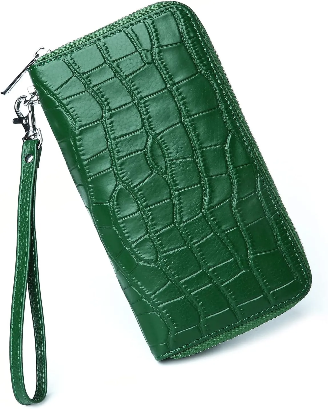 Large Capacity Genuine Leather Wallet for Women RFID Blocking Zip Clutch with Wristlet & Card Holder (Green)