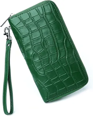 Large Capacity Genuine Leather Wallet for Women RFID Blocking Zip Clutch with Wristlet & Card Holder (Green)