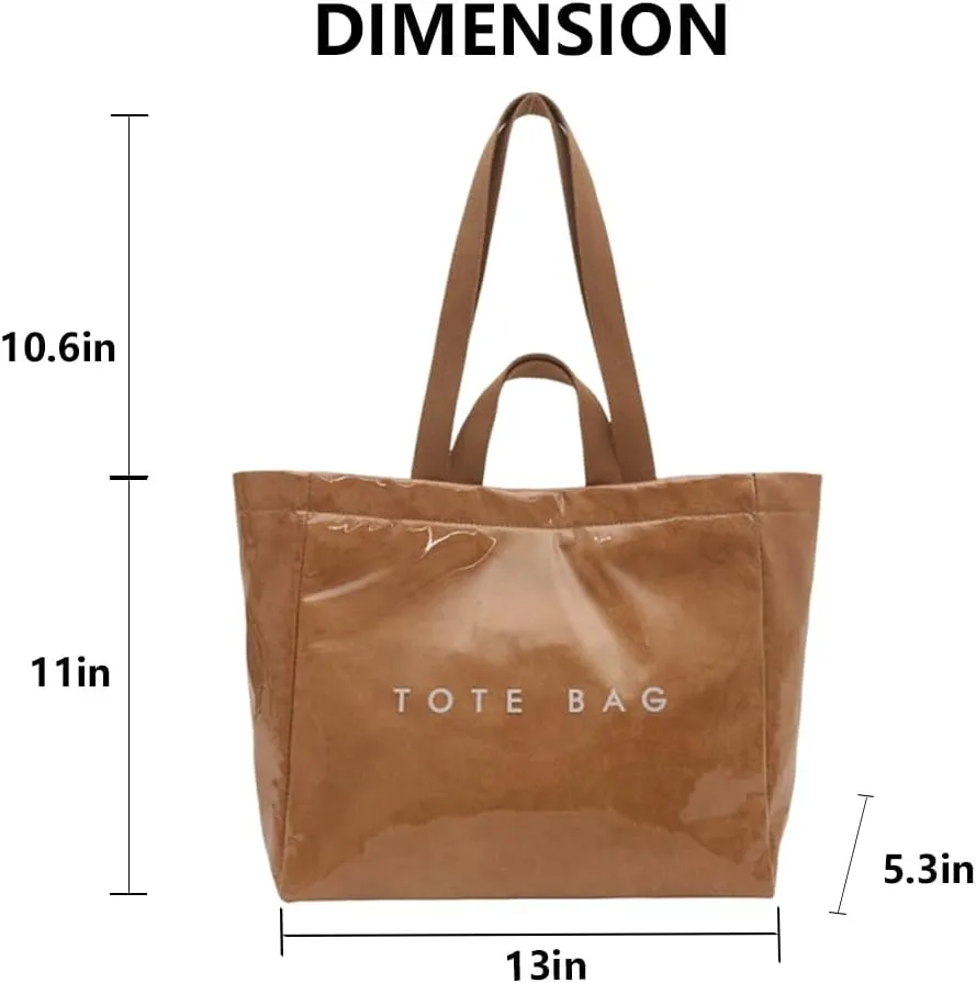 Large PVC Tote Bag for Women Letter Print Kraft Paper Bag Clear Plastic Tote Women's Top Handle Hobo Work Travel Bag