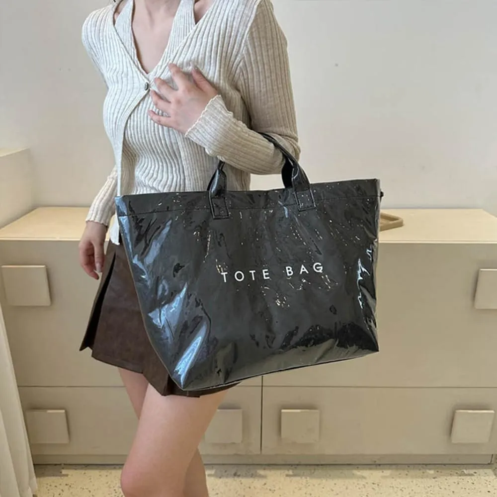 Large PVC Tote Bag for Women Letter Print Kraft Paper Bag Clear Plastic Tote Women's Top Handle Hobo Work Travel Bag