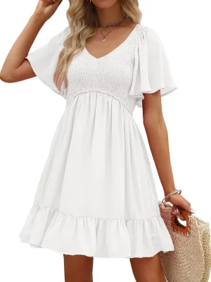 LILLUSORY Women's Flowy Casual Mini Dresses 2025 Summer Graduation Smocked V Neck Vacation Dress Dress with Pockets