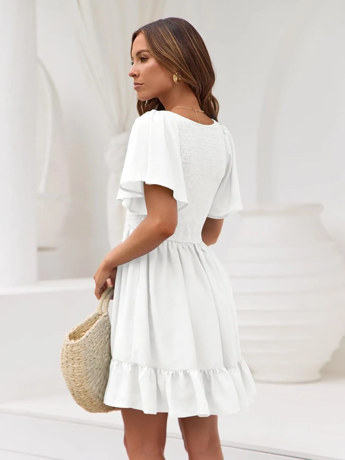 LILLUSORY Women's Flowy Casual Mini Dresses 2025 Summer Graduation Smocked V Neck Vacation Dress Dress with Pockets