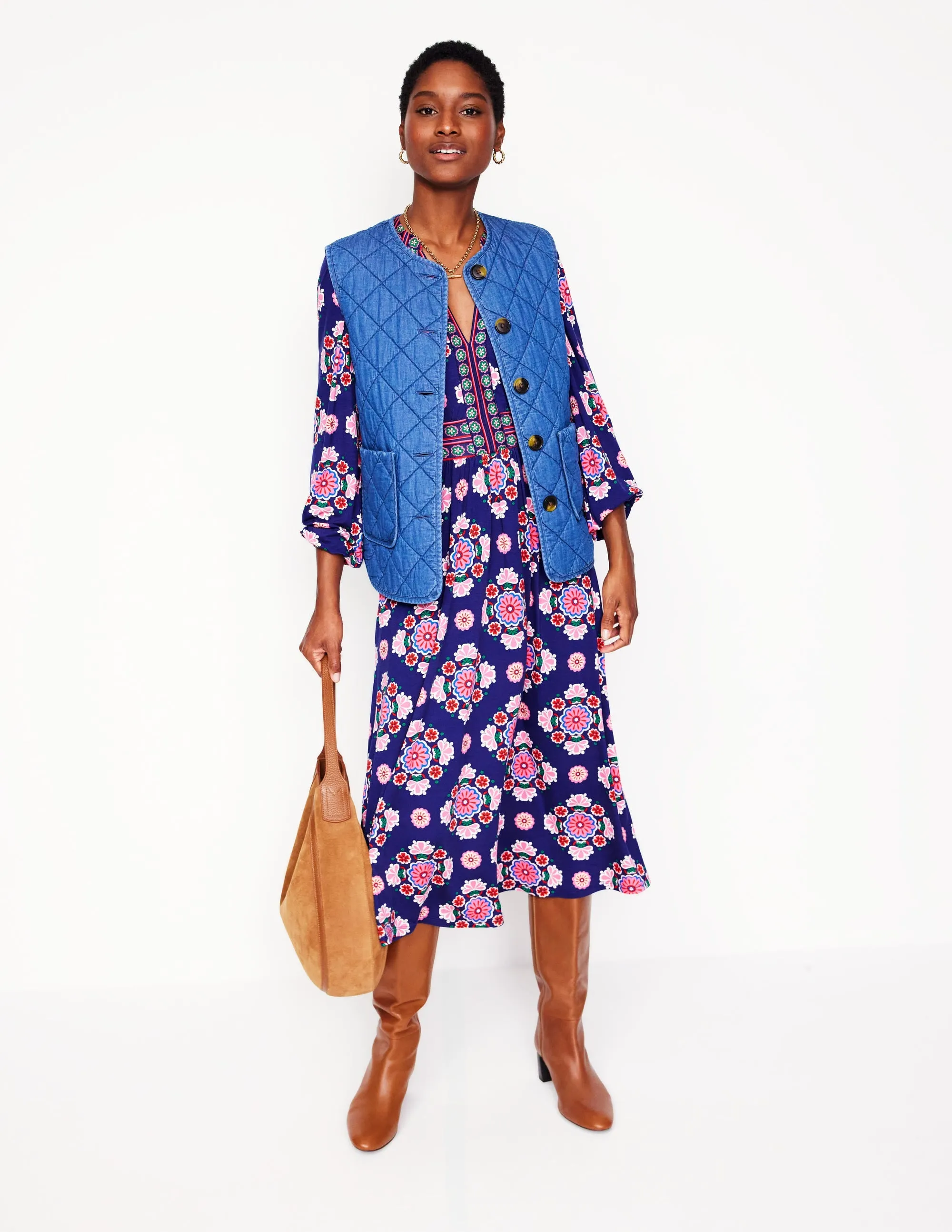 Lily Long Sleeve Midi Dress-Starboard Blue, Meadow Posy