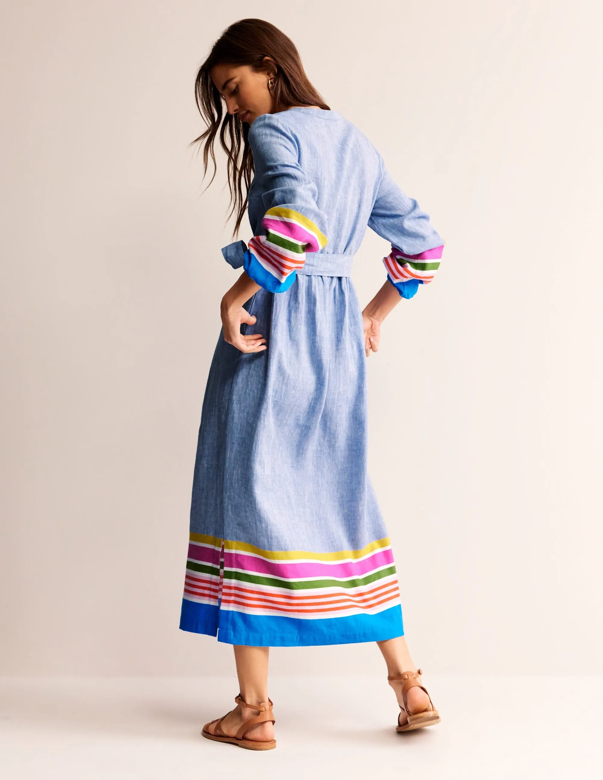 Linen Maxi Notch Neck Dress-Blue and Multistripe