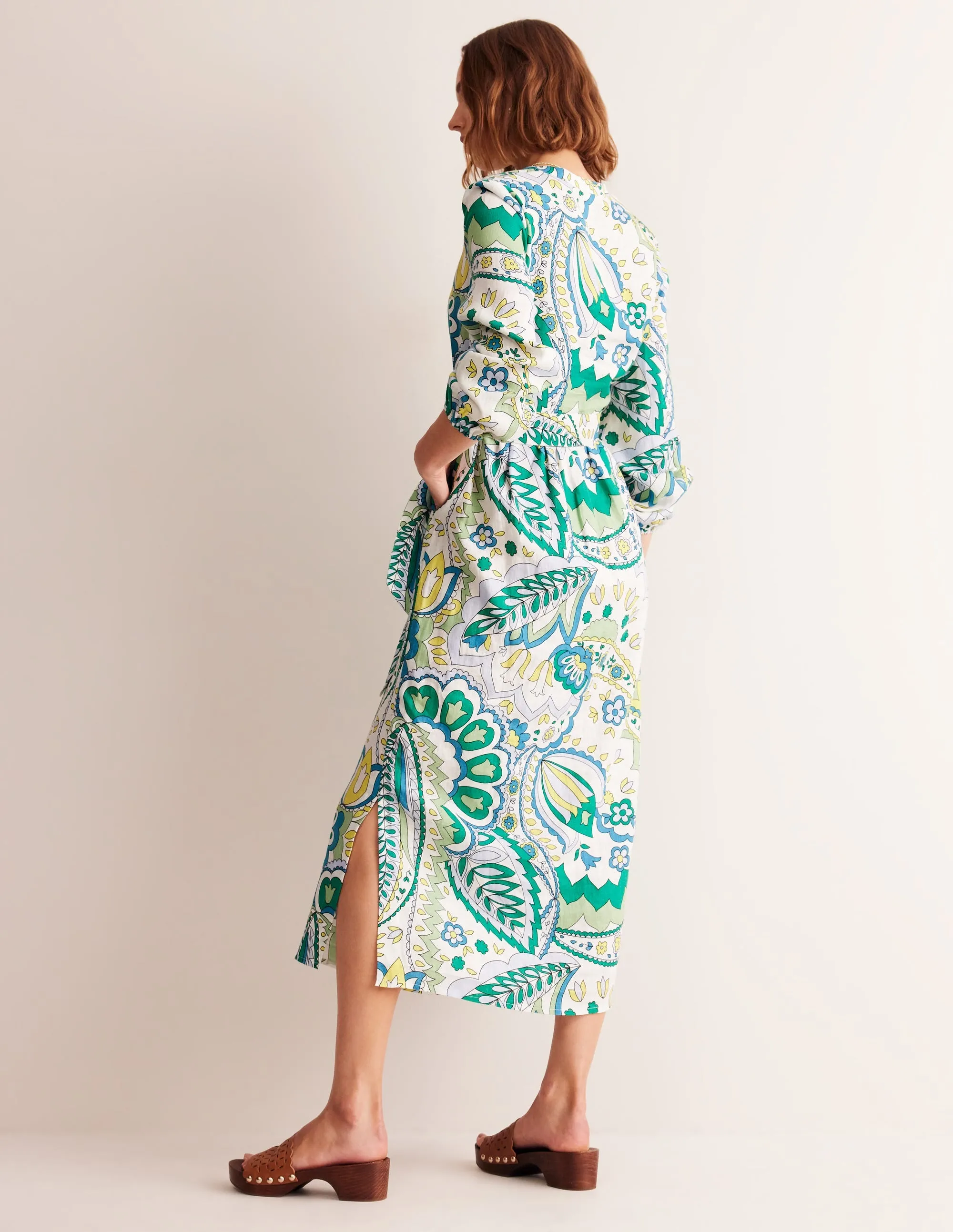 Linen Maxi Notch Neck Dress-Emerald, Foliage Paisley