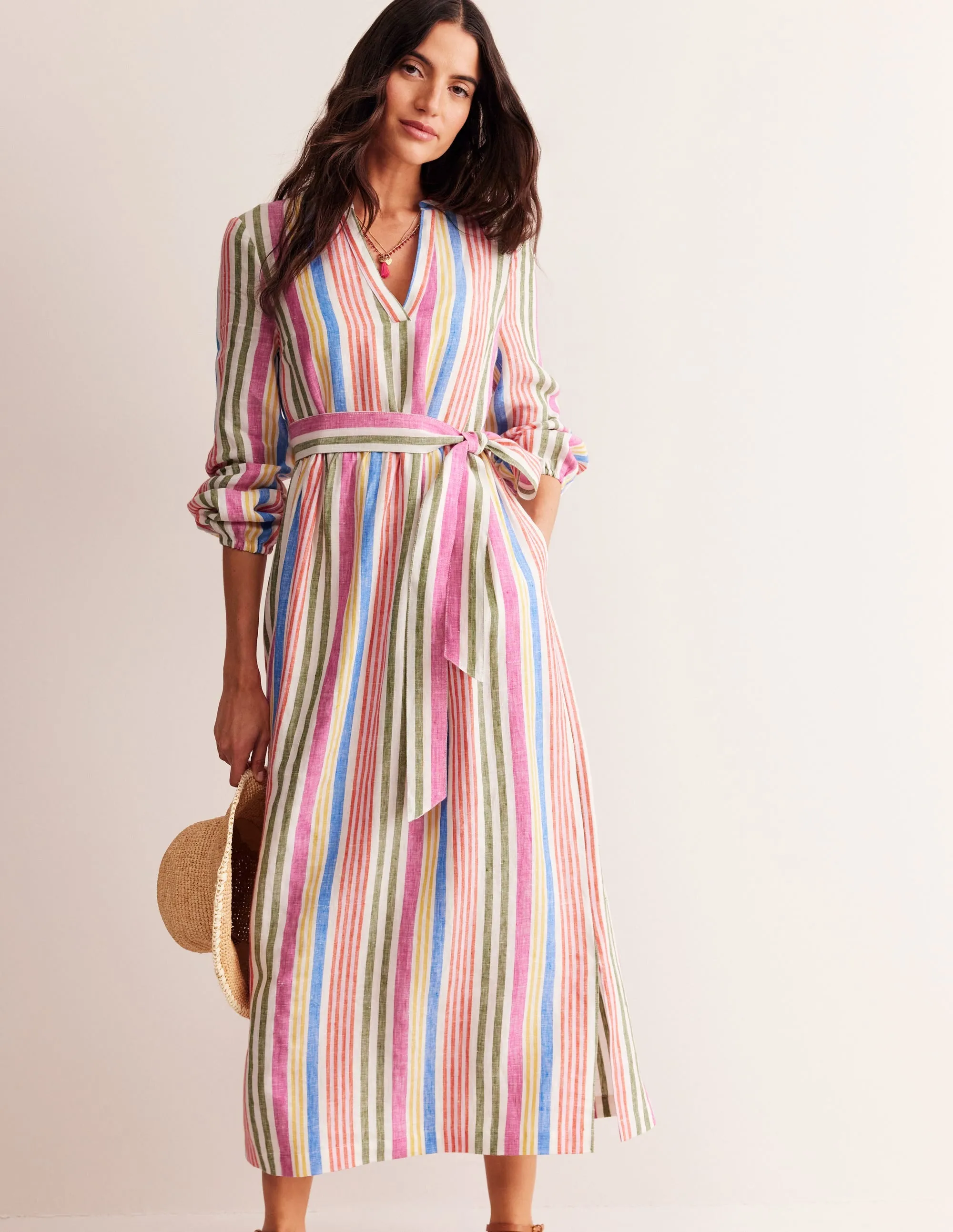 Linen Maxi Notch Neck Dress-Pop Pansy, Multistripe