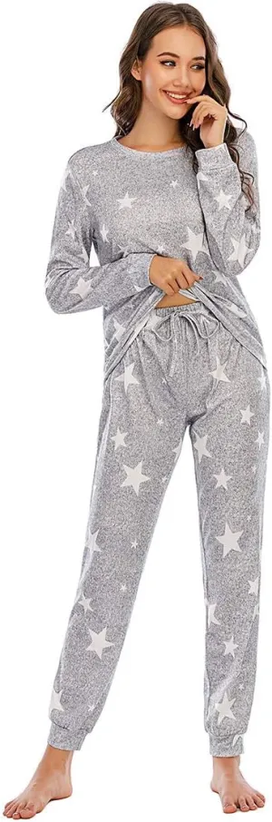 LUBOSE Women's Pajama Set Long Sleeve Star Print Pajama Set Loungewear Casual Wear Long Sleeve Pants Pajamas Two-Piece Set(XXL, Gray)