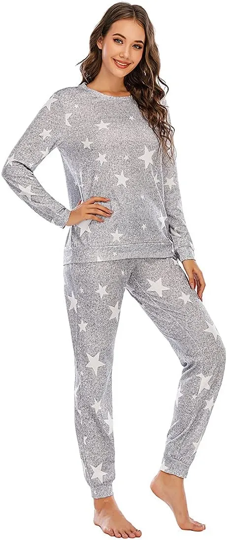 LUBOSE Women's Pajama Set Long Sleeve Star Print Pajama Set Loungewear Casual Wear Long Sleeve Pants Pajamas Two-Piece Set(XXL, Gray)