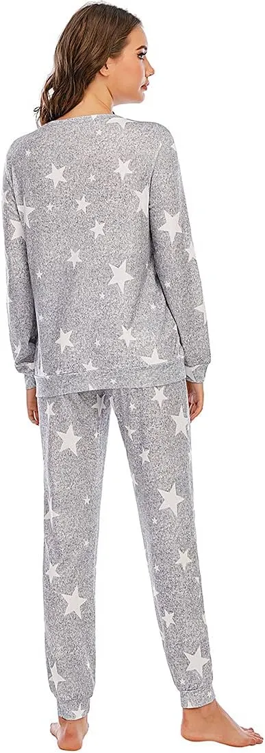 LUBOSE Women's Pajama Set Long Sleeve Star Print Pajama Set Loungewear Casual Wear Long Sleeve Pants Pajamas Two-Piece Set(XXL, Gray)