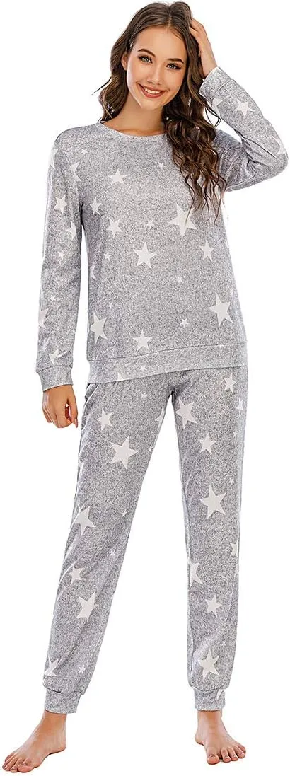 LUBOSE Women's Pajama Set Long Sleeve Star Print Pajama Set Loungewear Casual Wear Long Sleeve Pants Pajamas Two-Piece Set(XXL, Gray)