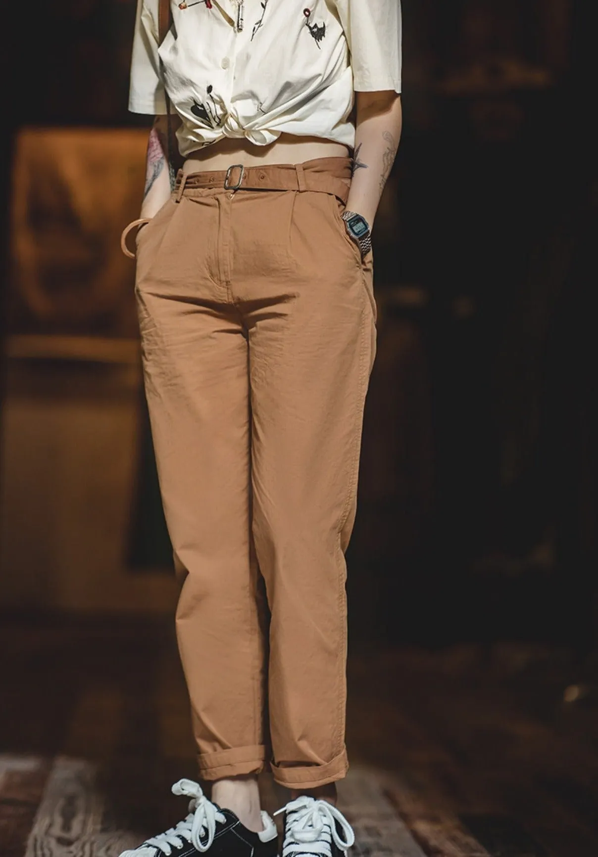 Madden women's retro work style cotton tapered old man pants design sense summer thin section thin casual pants straight